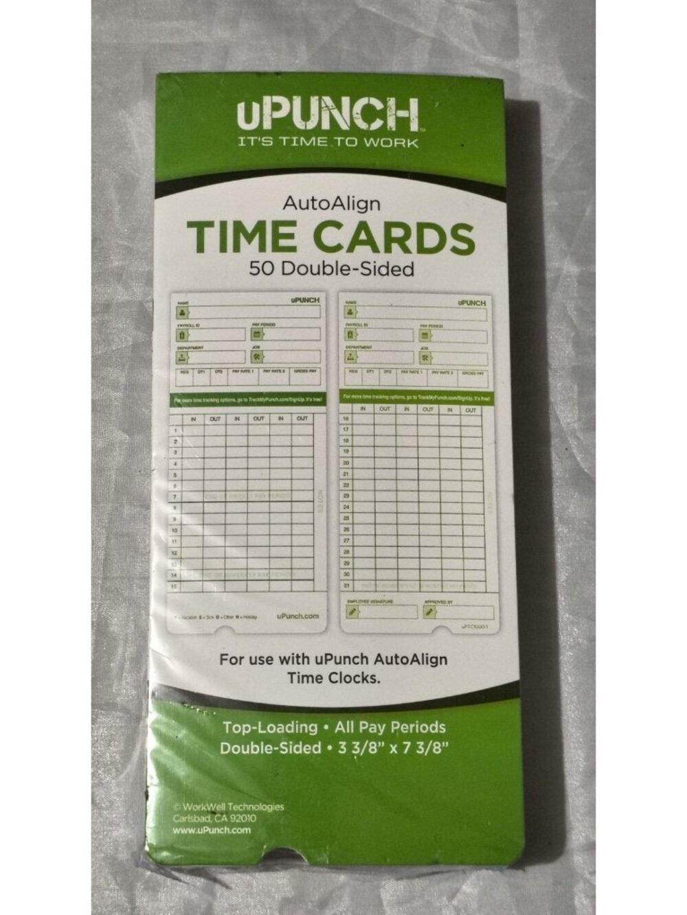 UPunch Time Cards Auto-Align 50 Pack Double-Sided 3-3/8" x 7-3/8"